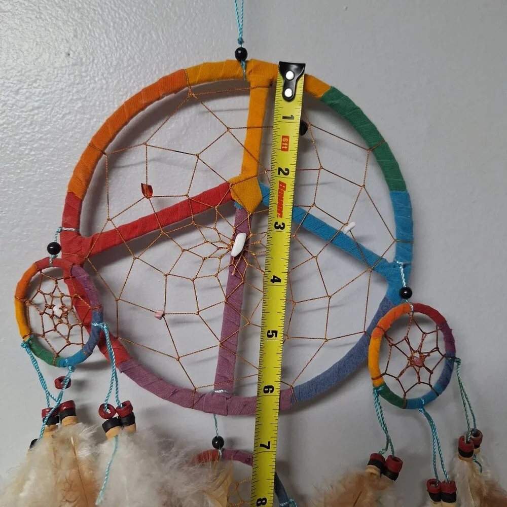 Peace Sign Rainbow Dreamcatcher Feathers Beads Handmade Boho Native Traditions‎